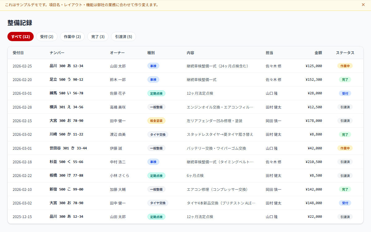 自動車整備記録管理システムの画面