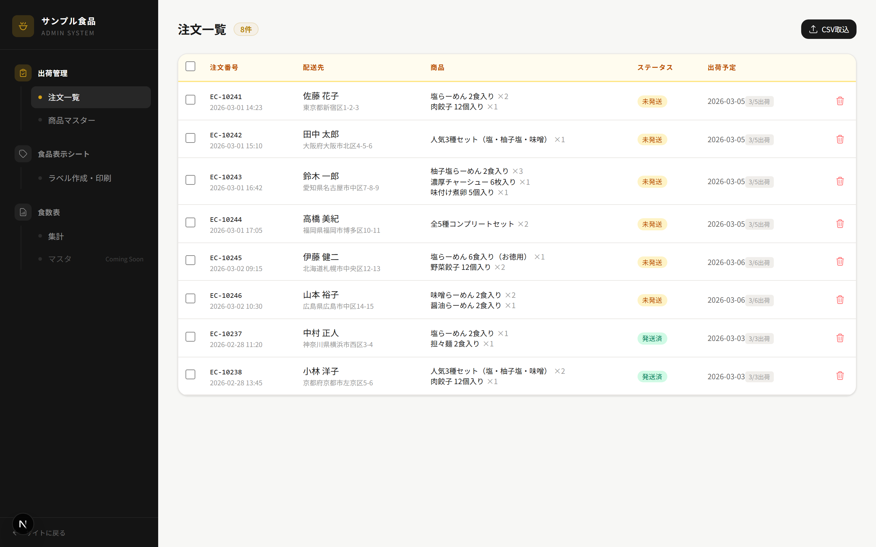 食品通販向け 業務管理システムの画面イメージ