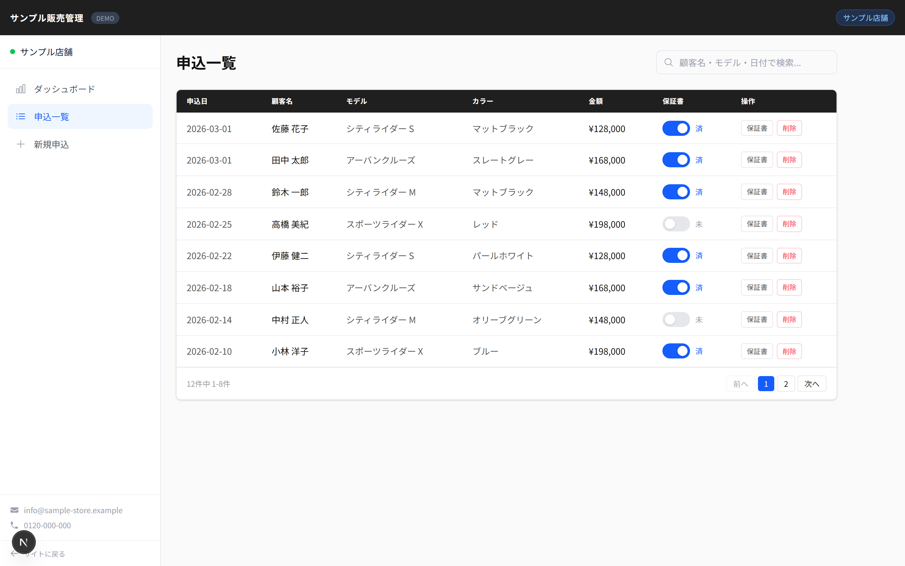 販売管理システムの画面